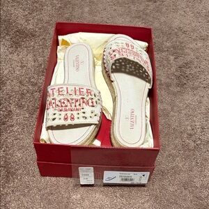 Valentino Cream and Red Embellished Slides